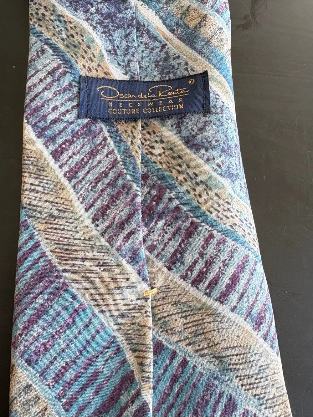 Vintage Oscar de la Renta Couture Collection Silk Tie Abstract Blue Teal USA